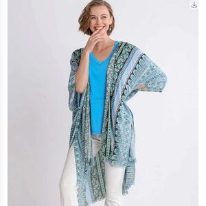 Umgee Border Print Open Front Kimono with Side Slits and Frayed Hem